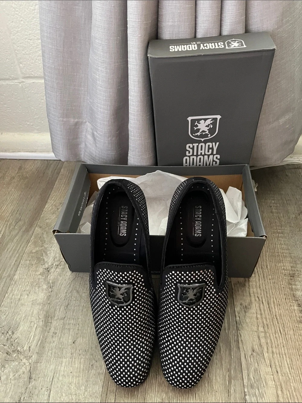 Stacy Adams Swagger Black w/ Silver Studs Slip-On Loafers Silver Crest Size 9M